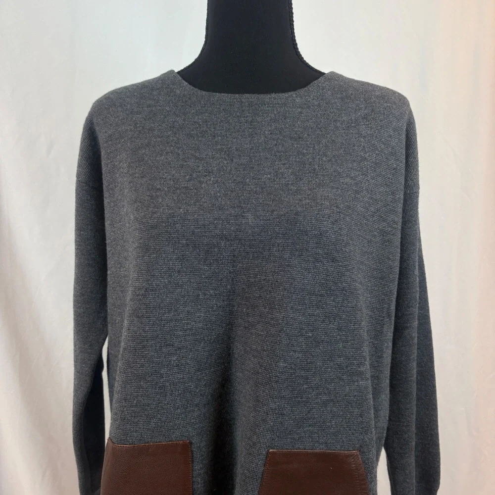 J. Crew Womens Merino Wool Leather Pocket Sweater Gray Pullover Size Medium